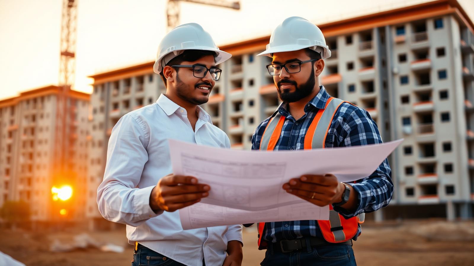 Indian construction engineers reviewing blueprints on site